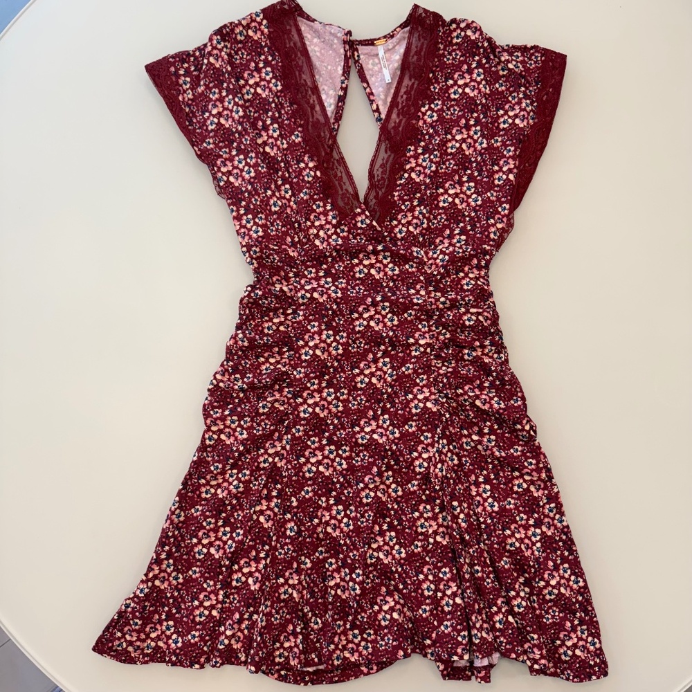 Free People - NWOT Burgundy Floral Lace Cutout Mini Dress Women's Size Small